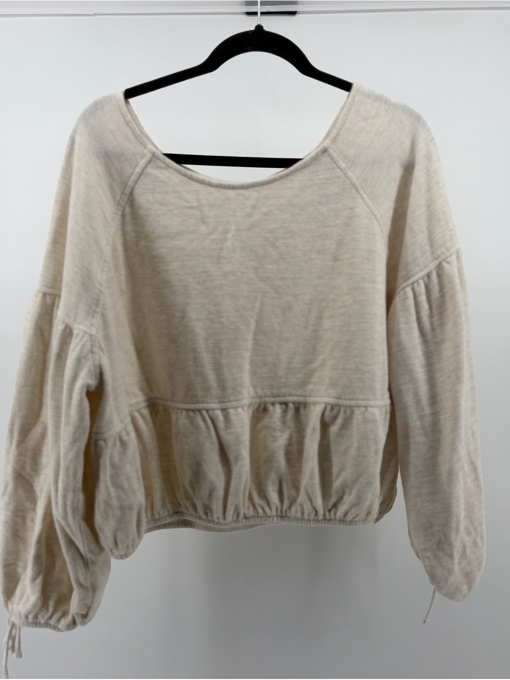 Aerie Peplum Top Women Cream Waffle Knit Tie Cuff Long Sleeve, Size Large